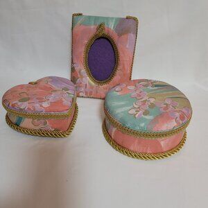 Three Piece Trinket Keepsake Jewelry Boxes with Picture Frame Handmade